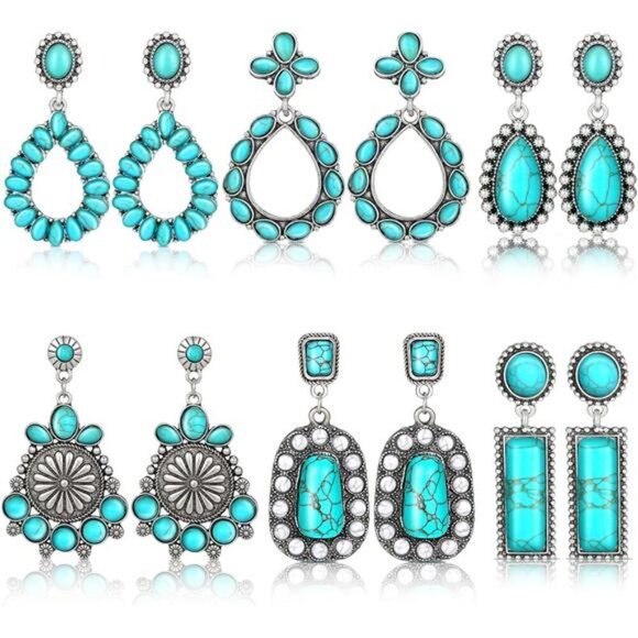 6 Pairs Turquoise Oval Earrings Faux Turquoise Boho Western Dangle Vintage - Picture 1 of 4